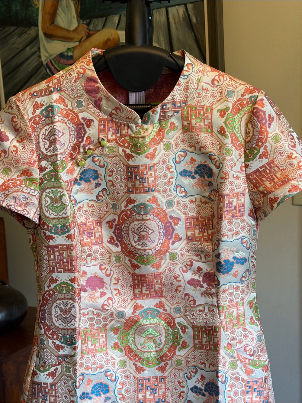 NEW Chinese QiPao dress Printed Short-Sleeve A-Line Dress in Multi-Color - Picture 2 of 7